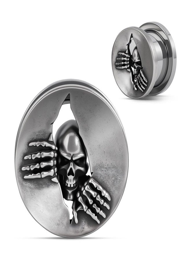 COOEAR Gothic Skull Ear Expander, Punk Rock Ear Gauges with Skeleton Hand Design, Stainless Steel Dark Horror Tunnel Plugs for Men & Women 6mm. - Image 1