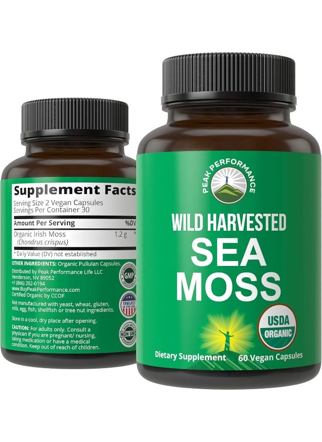 Peak Performance Organic Sea Moss Capsules - Wild Harvested Sea Moss Raw Organic Vegan Supplement  - Image 1