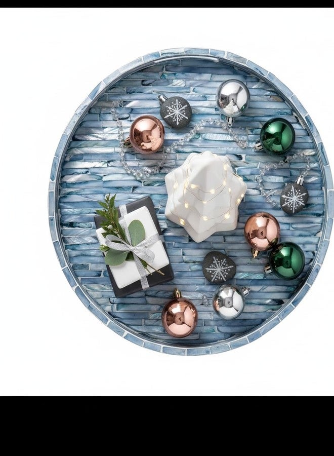 PEMAR 12.6” Mother of Pearls Lacquer Inlaid Round Serving Tray with Handles, Round Decorative Nacred Wooden Ottoman Coffee Table Tray (Blue Tiles) - Image 4