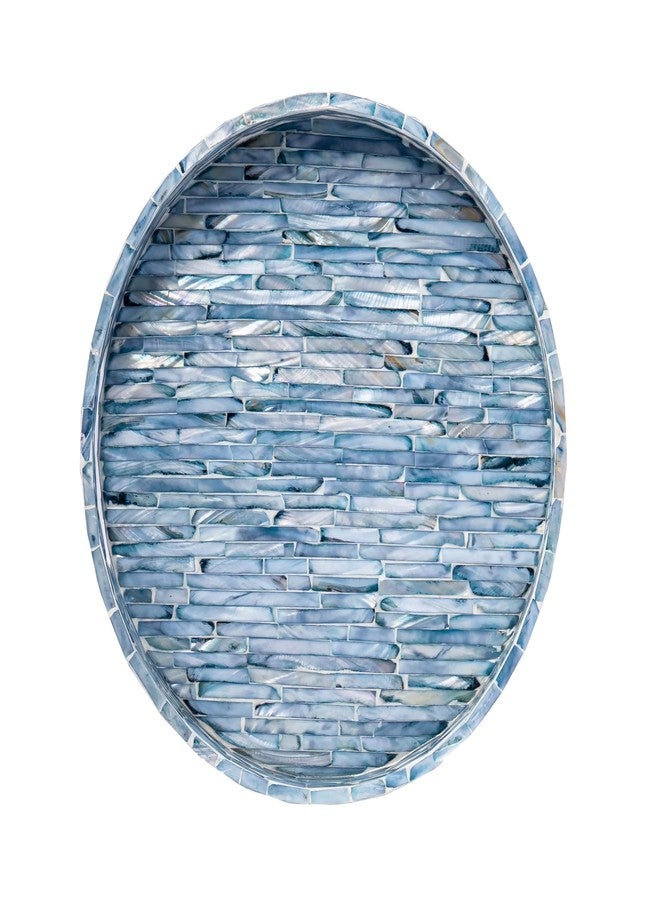 PEMAR 12.6” Mother of Pearls Lacquer Inlaid Round Serving Tray with Handles, Round Decorative Nacred Wooden Ottoman Coffee Table Tray (Blue Tiles) - Image 1
