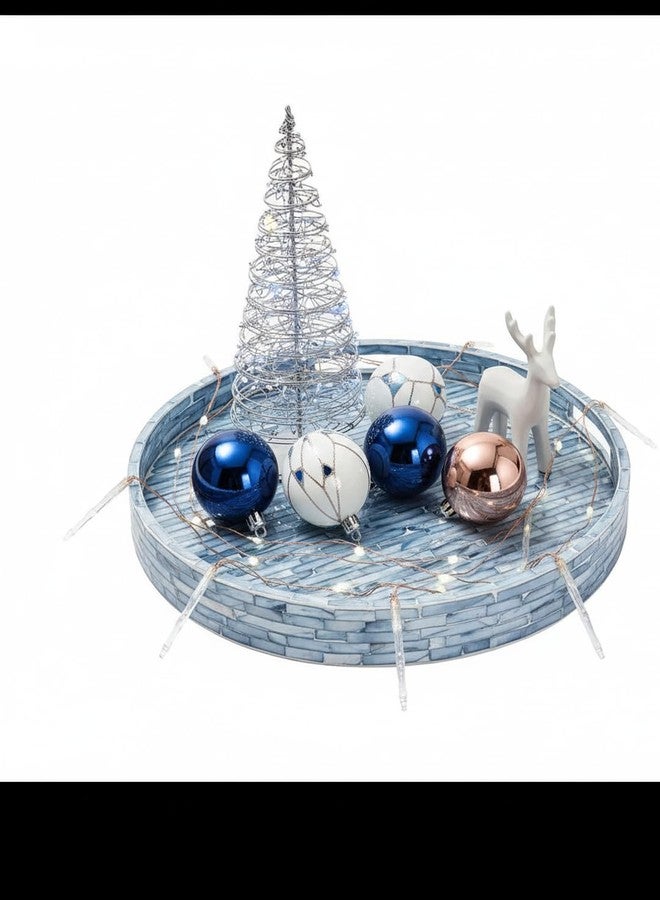 PEMAR 12.6” Mother of Pearls Lacquer Inlaid Round Serving Tray with Handles, Round Decorative Nacred Wooden Ottoman Coffee Table Tray (Blue Tiles) - Image 2