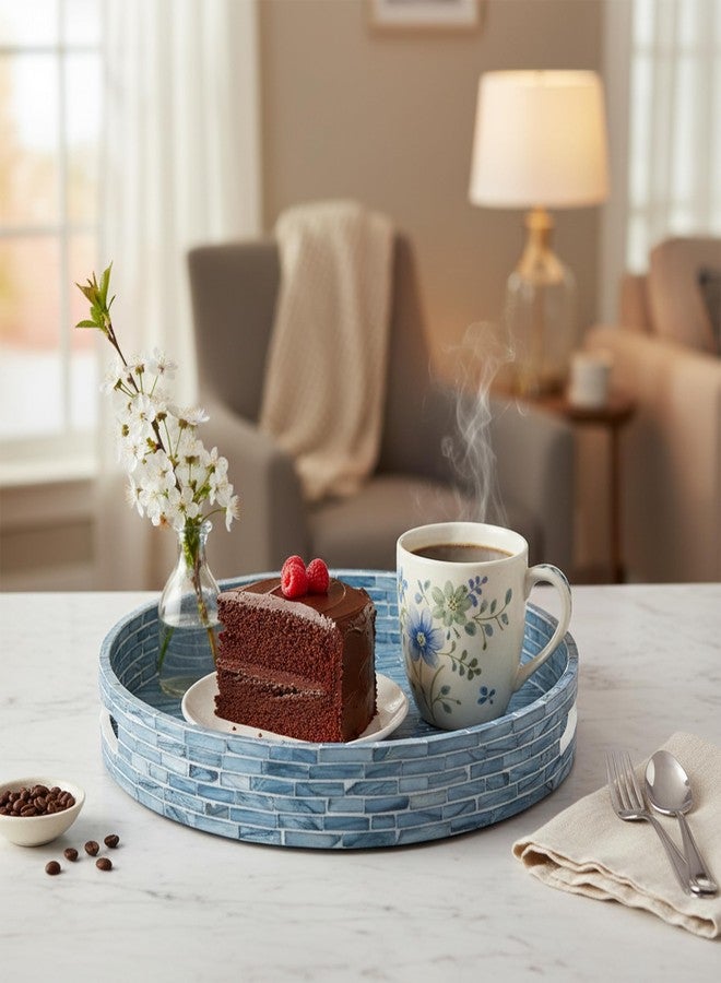 PEMAR 12.6” Mother of Pearls Lacquer Inlaid Round Serving Tray with Handles, Round Decorative Nacred Wooden Ottoman Coffee Table Tray (Blue Tiles) - Image 5