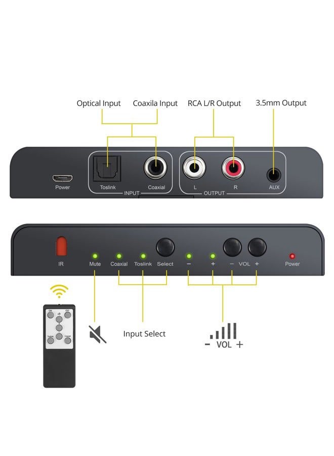 PROZOR DAC Converter 192KHz Coaxial Optical Toslink SPDIF to RCA 3.5mm with Volume Adjust Remote Control Digital to Analog Audio Converter with Optical Cable for PS3/PS4 Blue-ray TV DVD - Image 2