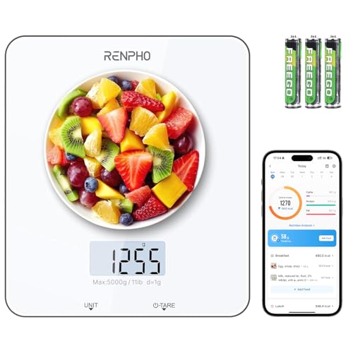 RENPHO Food Scale with Nutritional Calculator Digital Kitchen Scale for Weight Loss Smart Food Weight Scale with App for Macro Keto Calorie Cooking Grams and Ounces White 11lb5kg - Image 1