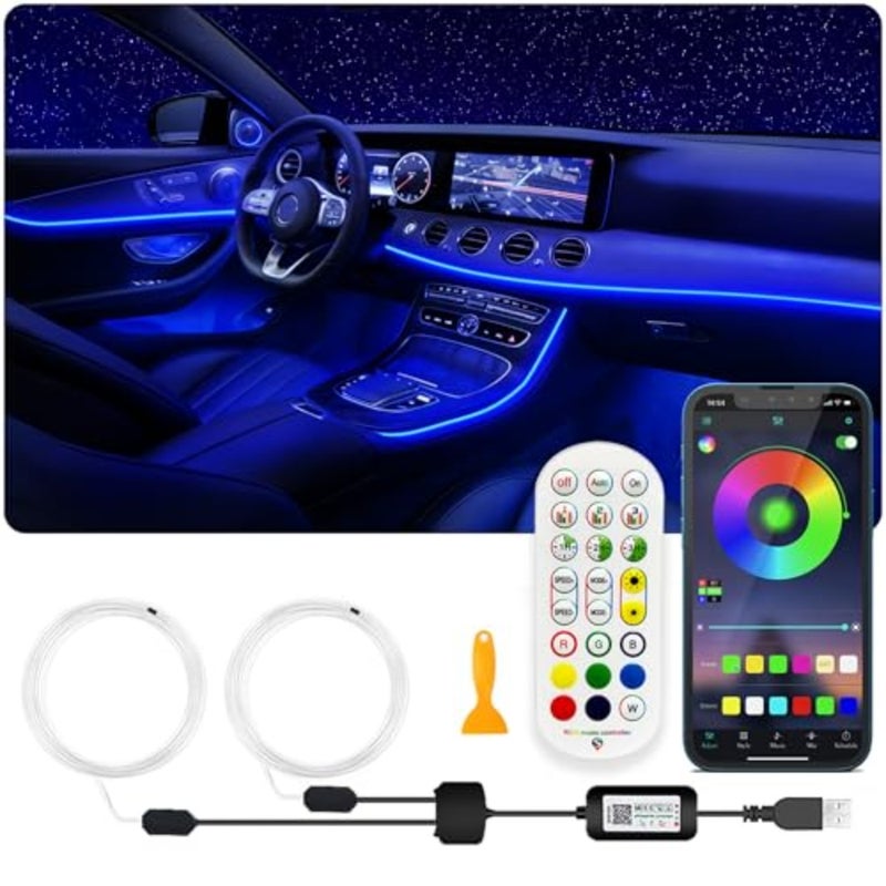 USB Car LED Lights, terior Car Lights Strip with APP and RF Remote Control, 2 in 1 Ambient Lighting with Fiber Optic Music Sync Simple Installation EL Wire Lights 2 in 1/es - Image 1