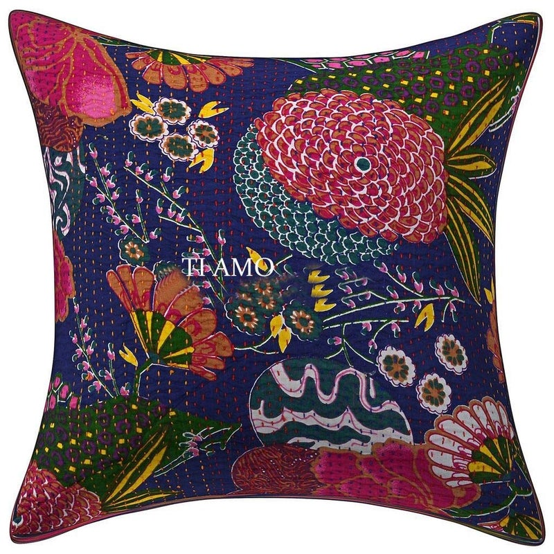 TI AMo Cotton Ikat Kantha Embroidery Cushion Cover (16x16-inches, Multicolour) - Set of 1 - Image 5