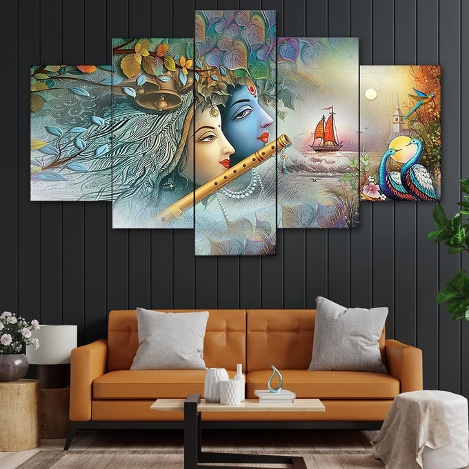 RADHA KRISHNA PAINTINGS FOR WALL DECORATOIN SET OFFIVE 3D SCENERY VASTU WALL PAINTING FOR LIVING ROOM LARGE SIZE WITH FRAMES 125 CM X 60 CM B3 MULTI
