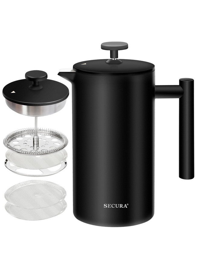 Secura French Press Coffee Maker with 3-Layer Stainless Steel Filter, 34 oz Black, Double-Walled Insulated Design with 2 Extra Filters - Image 1