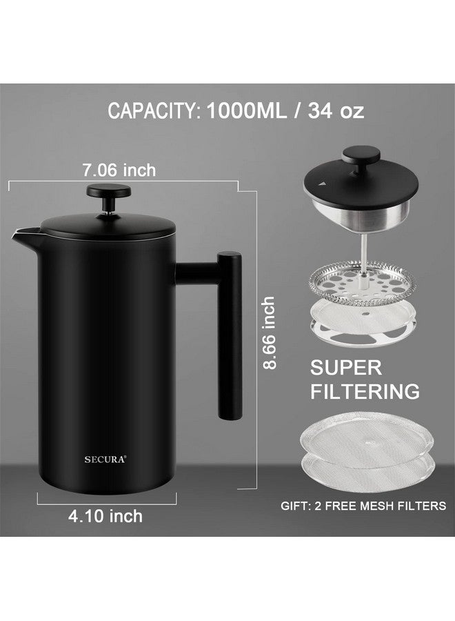 Secura French Press Coffee Maker with 3-Layer Stainless Steel Filter, 34 oz Black, Double-Walled Insulated Design with 2 Extra Filters - Image 3