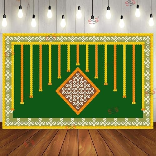 S2S Kolam Muggu Backdrop Cloth | for Pooja, Traditional, Background Decoration Cloth | Curtain Cloth for Festival Fabric | 5 Feet Height & 8 Feet Width - Image 1