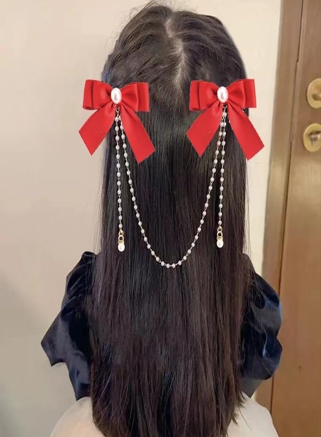 BELICIA 1 pcs Luxury Satin for Women Girls Valentines Day Hair Bows Accessories for Women Small Red Ribbon Bow Hair Clip Pearl Tassel Ribbon Bowknot Hair Clip Bow Decorated - Image 1