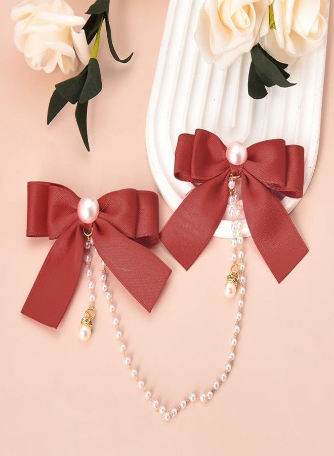 BELICIA 1 pcs Luxury Satin for Women Girls Valentines Day Hair Bows Accessories for Women Small Red Ribbon Bow Hair Clip Pearl Tassel Ribbon Bowknot Hair Clip Bow Decorated - Image 3