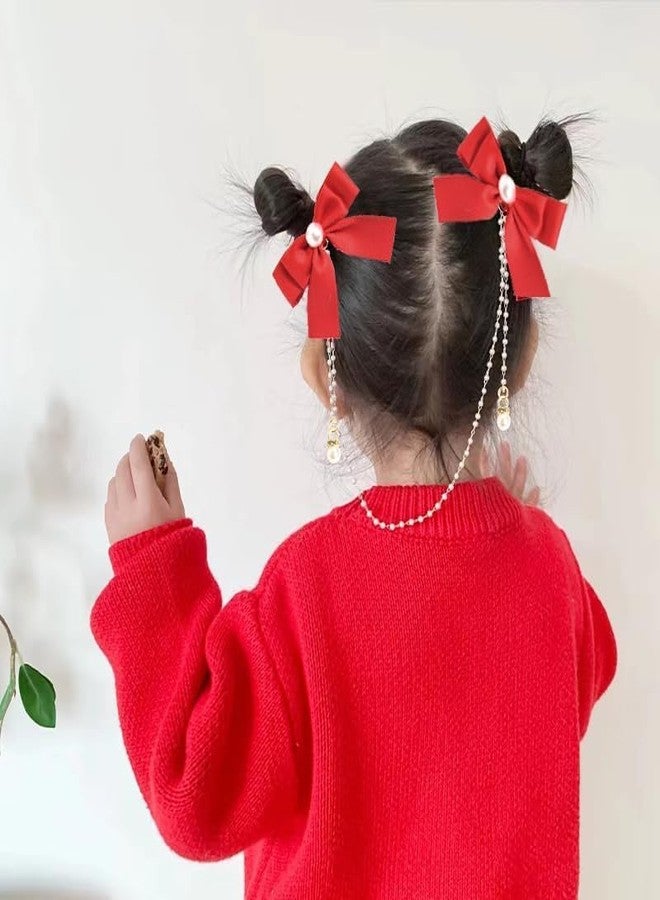 BELICIA 1 pcs Luxury Satin for Women Girls Valentines Day Hair Bows Accessories for Women Small Red Ribbon Bow Hair Clip Pearl Tassel Ribbon Bowknot Hair Clip Bow Decorated - Image 2