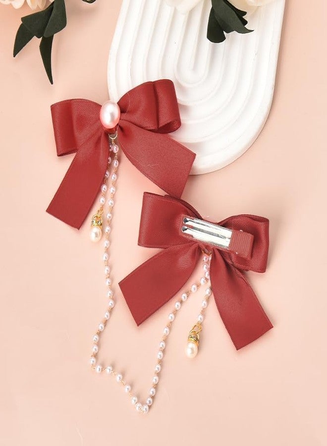 BELICIA 1 pcs Luxury Satin for Women Girls Valentines Day Hair Bows Accessories for Women Small Red Ribbon Bow Hair Clip Pearl Tassel Ribbon Bowknot Hair Clip Bow Decorated - Image 5