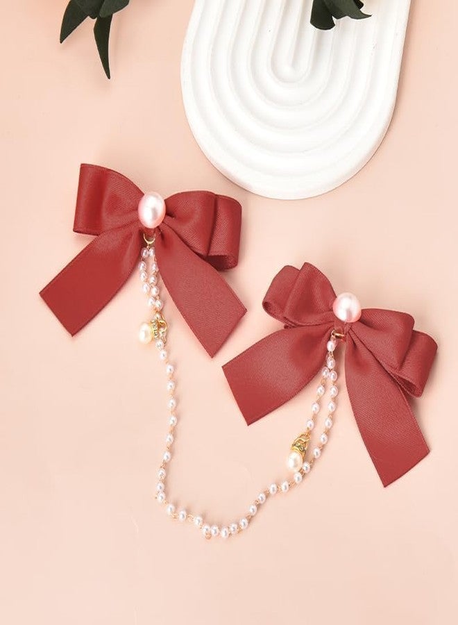 BELICIA 1 pcs Luxury Satin for Women Girls Valentines Day Hair Bows Accessories for Women Small Red Ribbon Bow Hair Clip Pearl Tassel Ribbon Bowknot Hair Clip Bow Decorated - Image 4