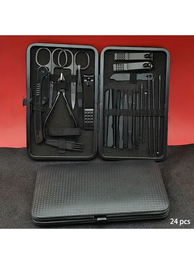Charm Black 24 Piece Nail Clipper Set For Men Stainless Steel With Exfoliating Ear Scoop - Image 1