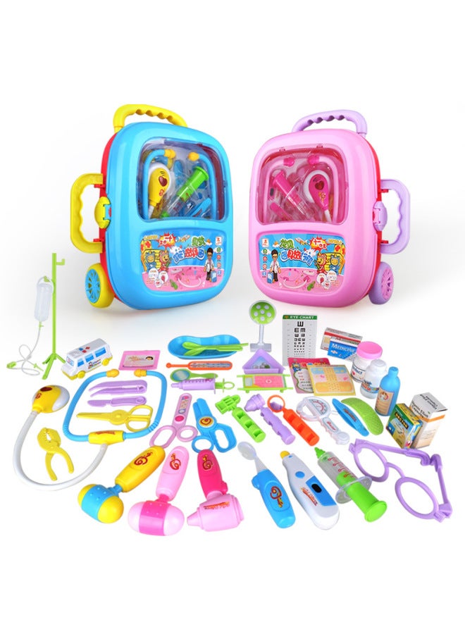 Children's Doctor Toy Trolley Case Set Boys And Girls Play House Simulation Medical Tools Travel Suit Sound And Light Toys Cross-Border-Color:528A Blue 11-piece Set (no Function) - Image 2
