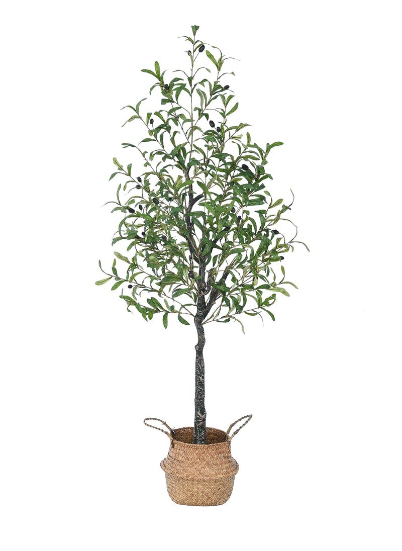 XiuWoo 150cm Artificial Olive Tree, Potted Faux Large Plants Olive Tree Fruits Home Decor Indoor Outdoor for Modern Living Room Bedroom Office with Planter Pot and Seagrass Basket  - Image 1