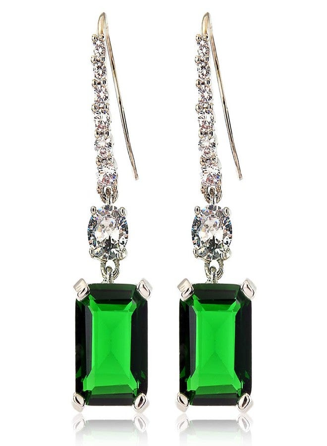 RIZILIA [ CLASSIC] Dangle Drop Pierced Swan Hook Earrings with Emerald Cut Gemstones CZ [Multi-Colors available] in 18K White Gold Plated, Simple Modern Elegant - Image 1