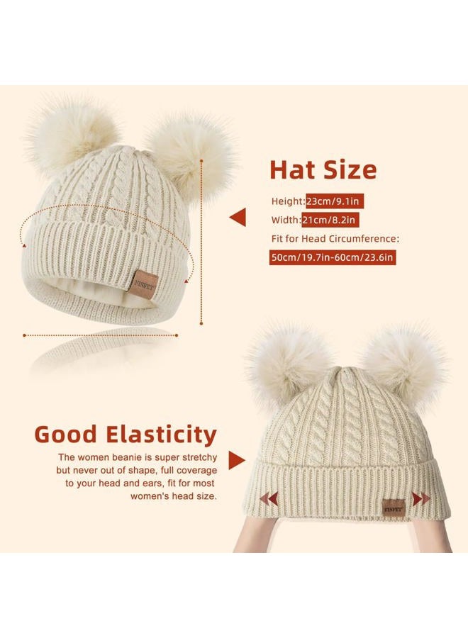 FISFET Beanies Women with Double Pom Pom, Winter Hats for Women Cold Weather Warm Cable Knit Fleece Lined, Cute Beanie Cap for Daily Use(Oatmeal) - Image 3