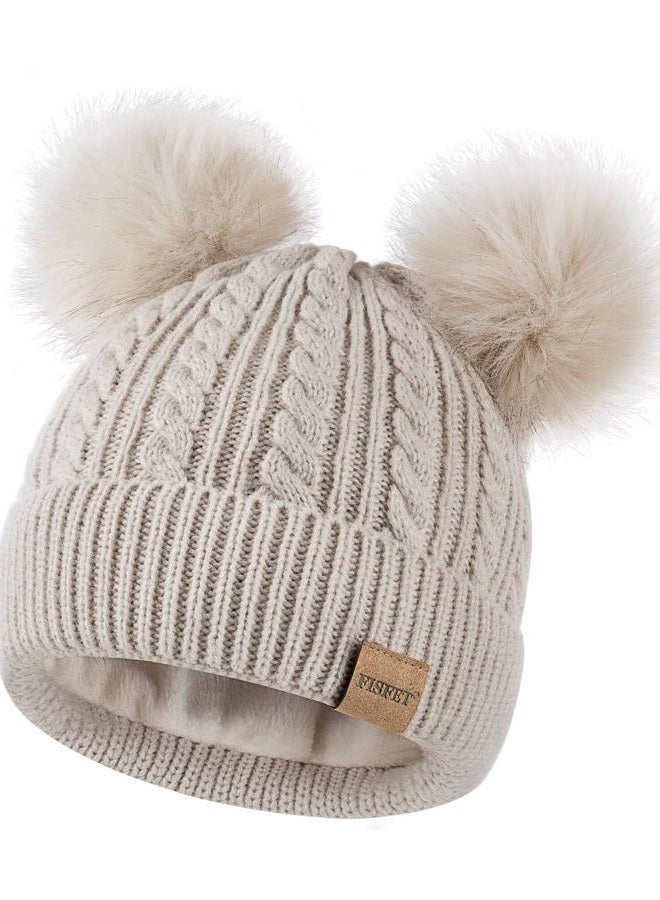 FISFET Beanies Women with Double Pom Pom, Winter Hats for Women Cold Weather Warm Cable Knit Fleece Lined, Cute Beanie Cap for Daily Use(Oatmeal) - Image 1