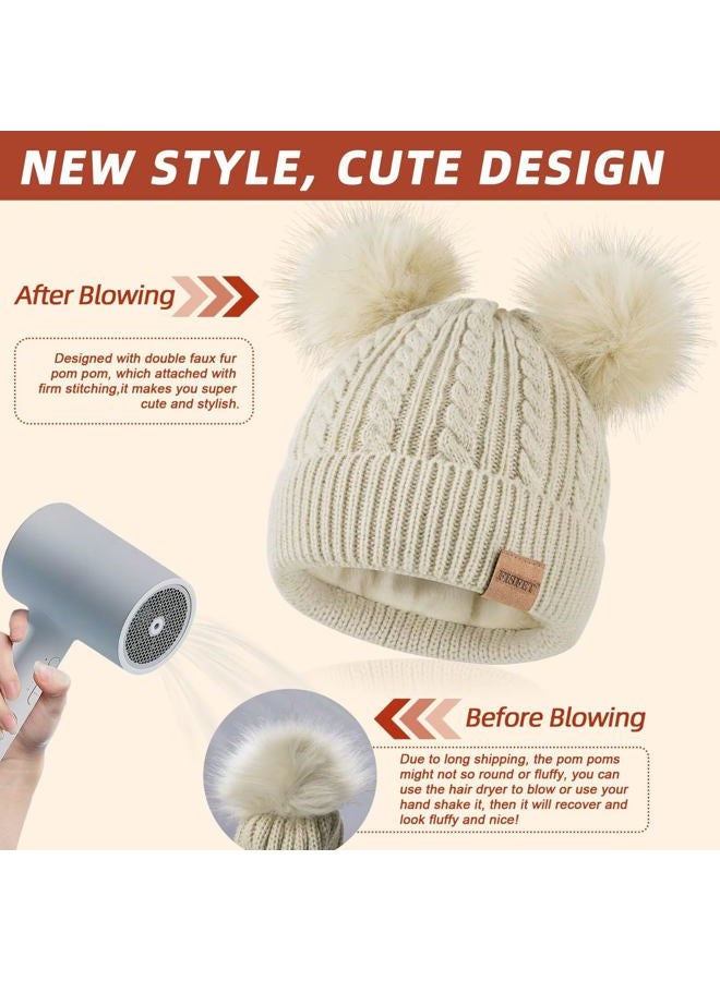 FISFET Beanies Women with Double Pom Pom, Winter Hats for Women Cold Weather Warm Cable Knit Fleece Lined, Cute Beanie Cap for Daily Use(Oatmeal) - Image 5