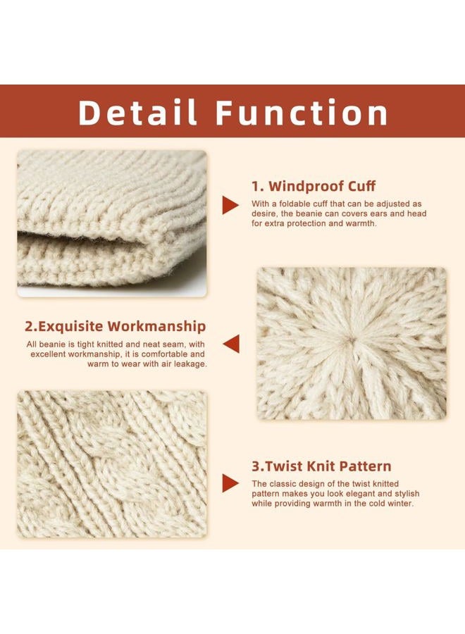FISFET Beanies Women with Double Pom Pom, Winter Hats for Women Cold Weather Warm Cable Knit Fleece Lined, Cute Beanie Cap for Daily Use(Oatmeal) - Image 4