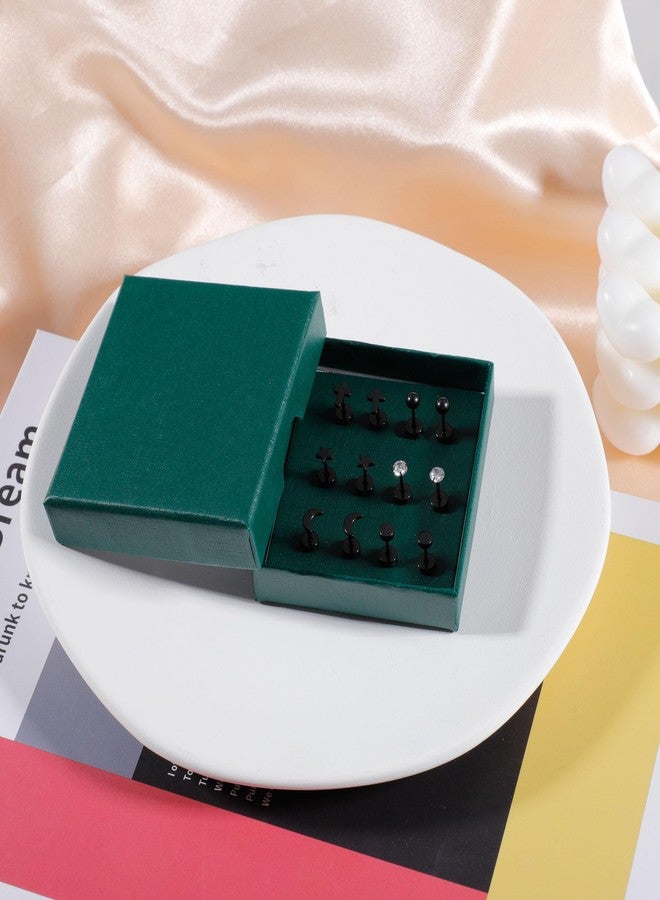 MJust 6 Pairs G23 Titanium Earrings for Women & Men, Hypoallergenic Flat Back Stud Earrings with Moon Star CZ Designs, Titanium Screw Back Cartilage Earrings Set for Sensitive Ears (Black) - Image 4