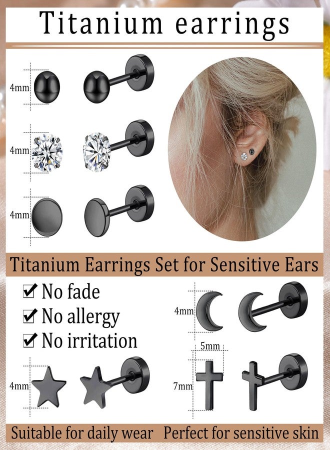 MJust 6 Pairs G23 Titanium Earrings for Women & Men, Hypoallergenic Flat Back Stud Earrings with Moon Star CZ Designs, Titanium Screw Back Cartilage Earrings Set for Sensitive Ears (Black) - Image 2
