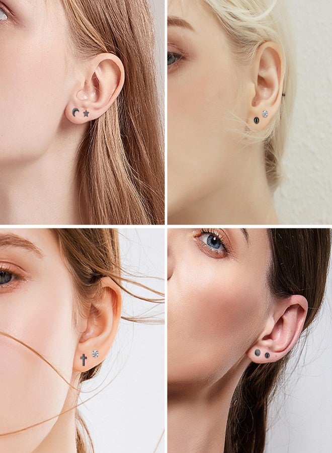 MJust 6 Pairs G23 Titanium Earrings for Women & Men, Hypoallergenic Flat Back Stud Earrings with Moon Star CZ Designs, Titanium Screw Back Cartilage Earrings Set for Sensitive Ears (Black) - Image 3