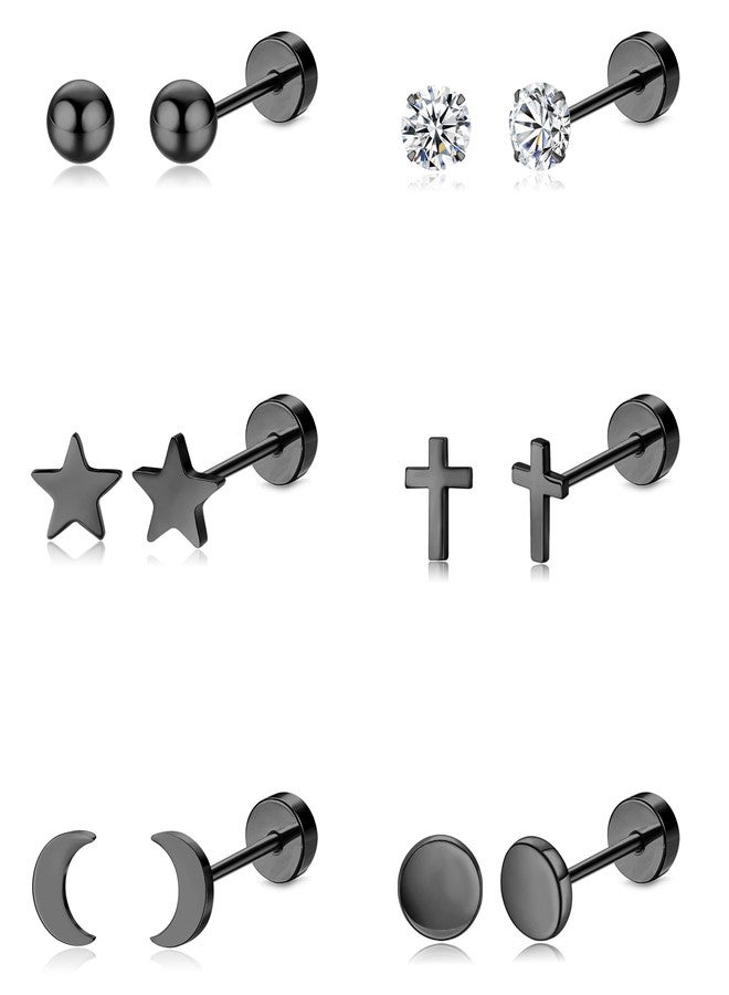 MJust 6 Pairs G23 Titanium Earrings for Women & Men, Hypoallergenic Flat Back Stud Earrings with Moon Star CZ Designs, Titanium Screw Back Cartilage Earrings Set for Sensitive Ears (Black) - Image 1