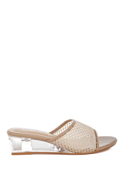 London Rag Mesh Clear Heel Wedge Sandals in Beige