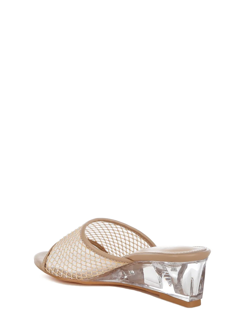London Rag Mesh Clear Heel Wedge Sandals in Beige