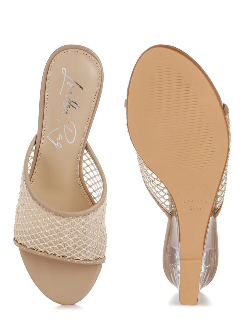 London Rag Mesh Clear Heel Wedge Sandals in Beige