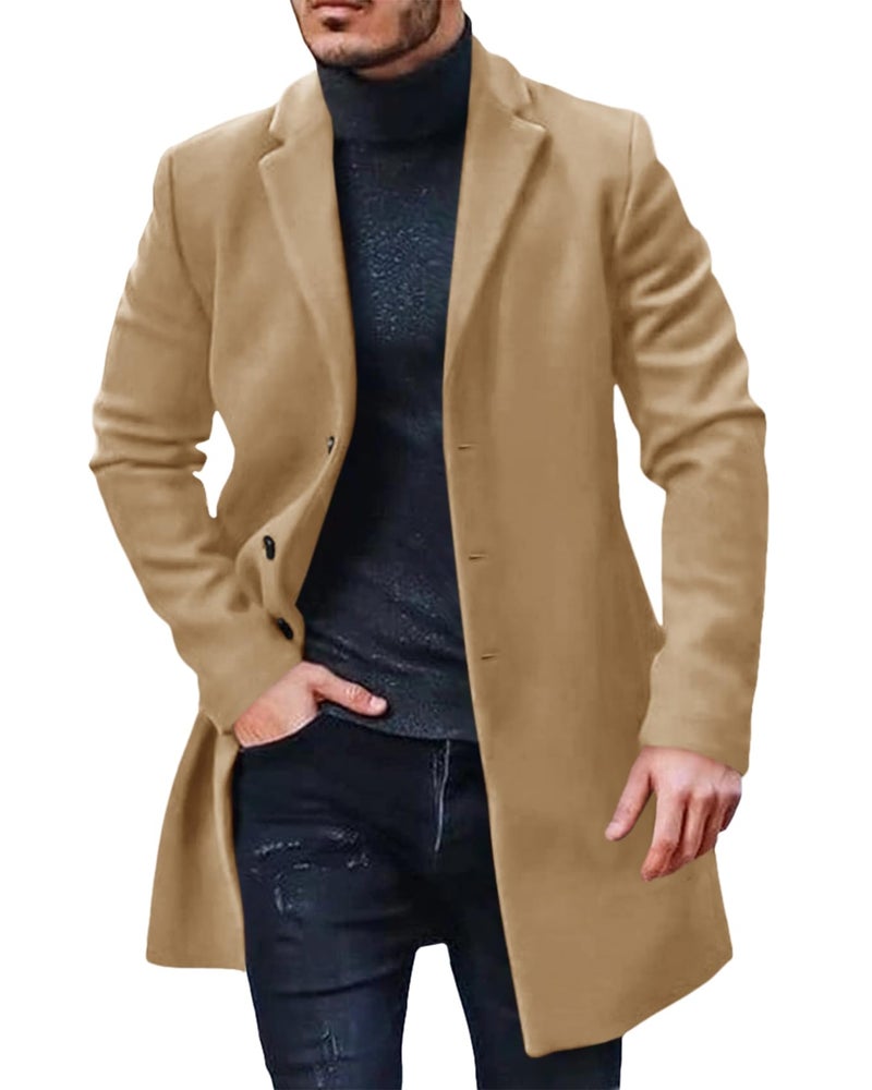PASLTER Mens Trench Coat Slim Fit Notched Collar Fall Winter Single Breasted Pea Coat Warm Soft Overcoat - Image 1