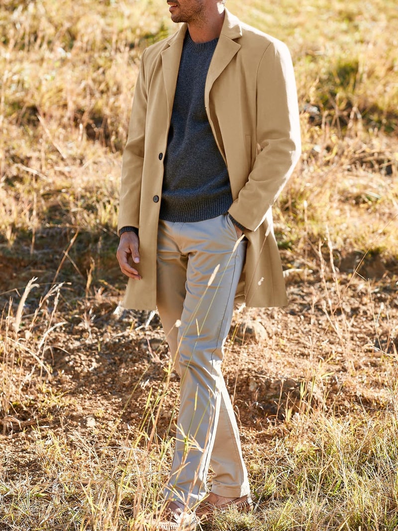 PASLTER Mens Trench Coat Slim Fit Notched Collar Fall Winter Single Breasted Pea Coat Warm Soft Overcoat - Image 4