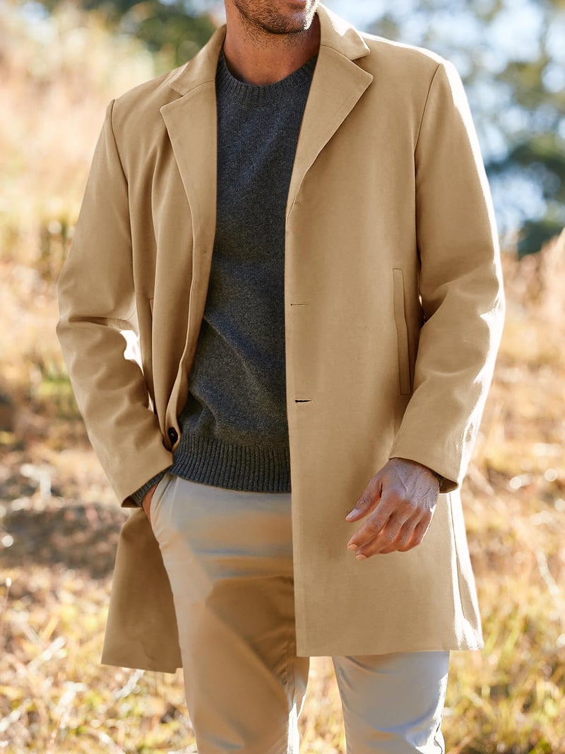 PASLTER Mens Trench Coat Slim Fit Notched Collar Fall Winter Single Breasted Pea Coat Warm Soft Overcoat - Image 2