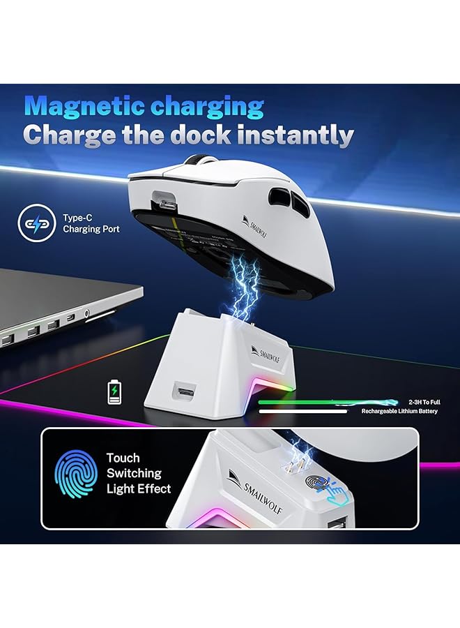 KASTWAVE Wireless Gaming Mouse With Rgb Charging Dock 57G Lightweight Ergonomic Mouse 12K Dpi Optical Sensor Tri Mode Bt5.1/2.4G/Usb C 5 Programmable Buttons For Pc/Mac (White) - Image 5