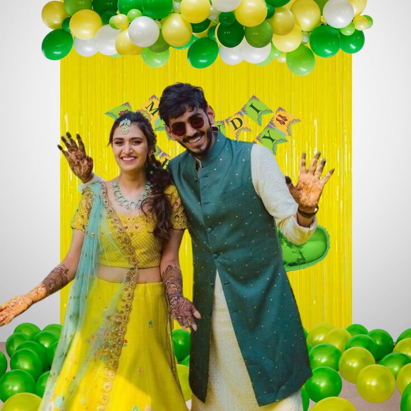 1iAM Mehndi Ceremony Decoration items With 40pcs Metallic Balloons | Mehendi Ceremony Decorations For Wedding | Mehend Backdrop Decoration Set With Balloons, Curtain and Foil Balloon( Set of 46) - Image 3