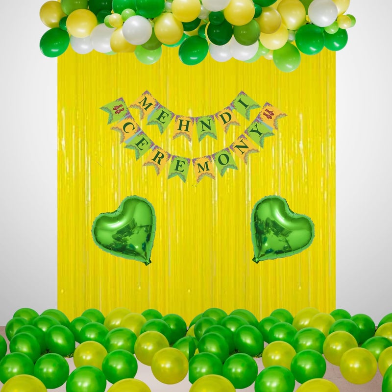 1iAM Mehndi Ceremony Decoration items With 40pcs Metallic Balloons | Mehendi Ceremony Decorations For Wedding | Mehend Backdrop Decoration Set With Balloons, Curtain and Foil Balloon( Set of 46) - Image 1