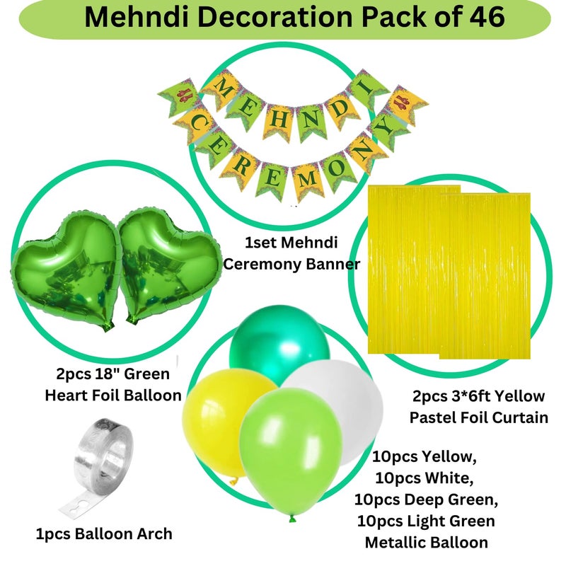 1iAM Mehndi Ceremony Decoration items With 40pcs Metallic Balloons | Mehendi Ceremony Decorations For Wedding | Mehend Backdrop Decoration Set With Balloons, Curtain and Foil Balloon( Set of 46) - Image 2