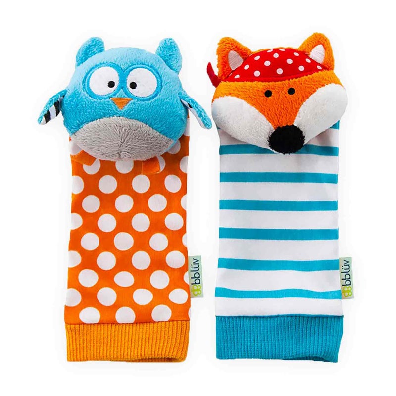 bblÃ¼v â€“ DÃ¼o - Foot Finders - Fun and colorful baby developmental socks with rattle (Fox and Owl) - Image 1