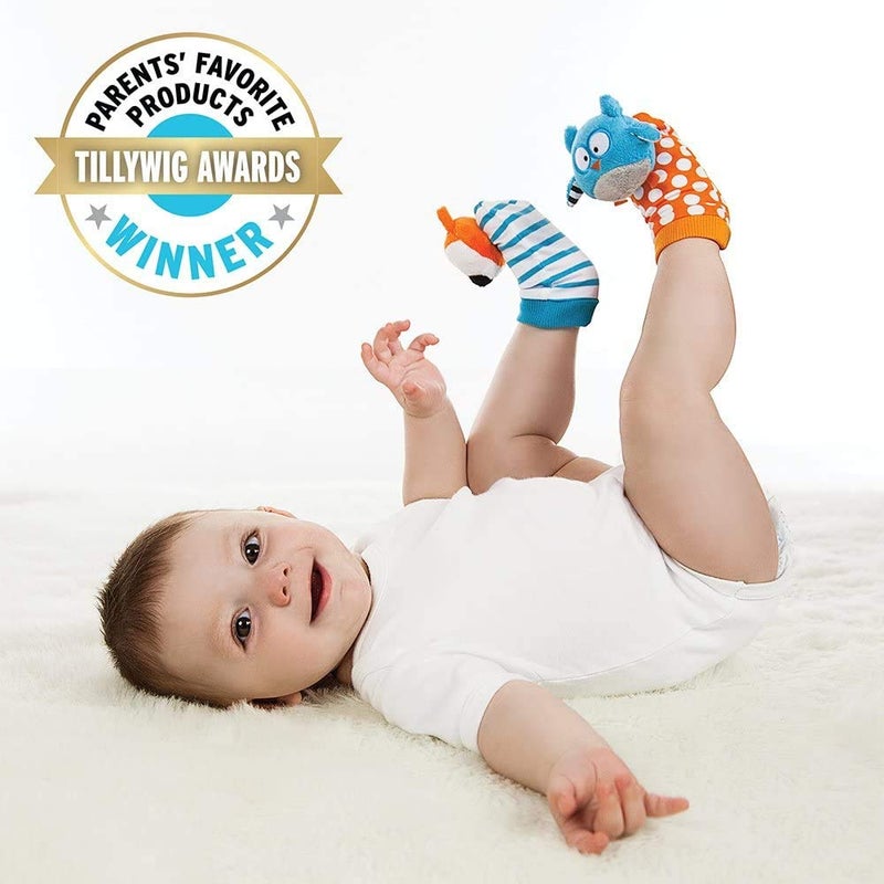 bblÃ¼v â€“ DÃ¼o - Foot Finders - Fun and colorful baby developmental socks with rattle (Fox and Owl) - Image 3