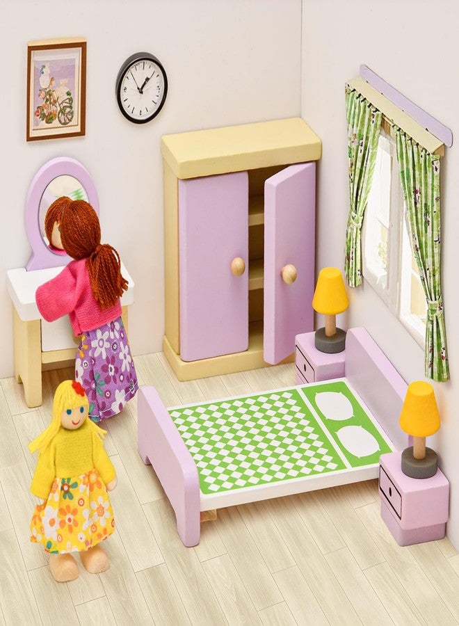Toyssa Wooden Dollhouse Furniture Set, 36PCS Miniature Doll House Accessories with Colorful 5 Room & 4 Flexible Family Dolls, Pretend Play Toys Birthday Gift for Toddlers 3 4 5 6 Years Old - Image 3