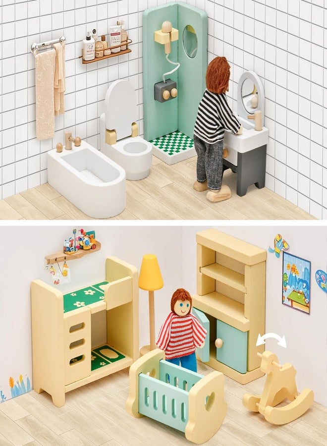Toyssa Wooden Dollhouse Furniture Set, 36PCS Miniature Doll House Accessories with Colorful 5 Room & 4 Flexible Family Dolls, Pretend Play Toys Birthday Gift for Toddlers 3 4 5 6 Years Old - Image 5