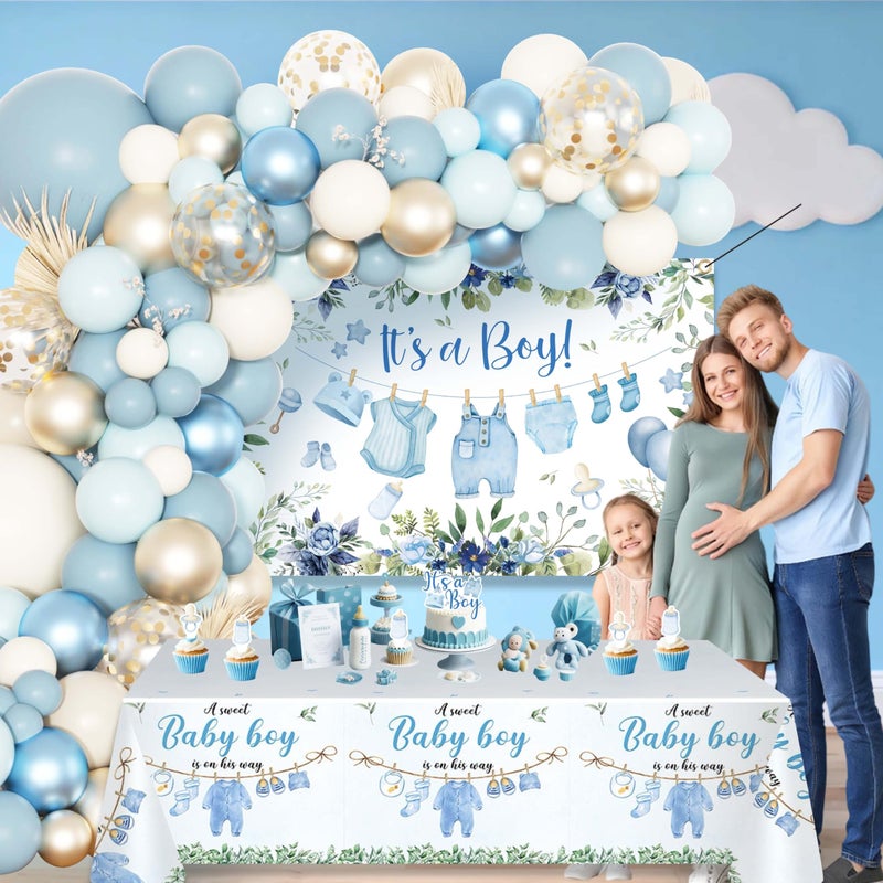 jenlion Blue Baby Boy Shower Decorations with 4pcs Balloon Boxes, 70pcs Balloon Garland Arch Kit, "It's a Boy" Backdrop, Tablecloth, Cake Toppers - Watercolor Clothesline Theme Party Supplies - Image 4