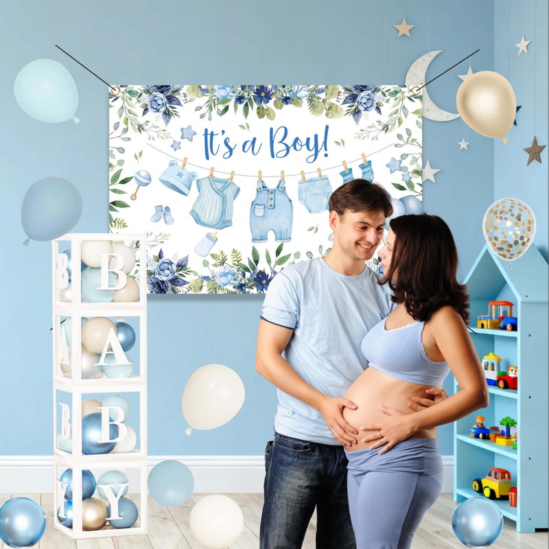 jenlion Blue Baby Boy Shower Decorations with 4pcs Balloon Boxes, 70pcs Balloon Garland Arch Kit, "It's a Boy" Backdrop, Tablecloth, Cake Toppers - Watercolor Clothesline Theme Party Supplies - Image 5