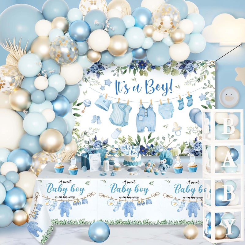 jenlion Blue Baby Boy Shower Decorations with 4pcs Balloon Boxes, 70pcs Balloon Garland Arch Kit, "It's a Boy" Backdrop, Tablecloth, Cake Toppers - Watercolor Clothesline Theme Party Supplies - Image 1