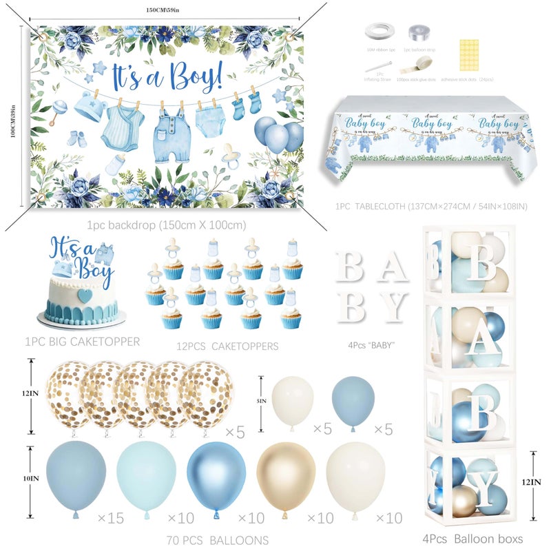 jenlion Blue Baby Boy Shower Decorations with 4pcs Balloon Boxes, 70pcs Balloon Garland Arch Kit, "It's a Boy" Backdrop, Tablecloth, Cake Toppers - Watercolor Clothesline Theme Party Supplies - Image 2