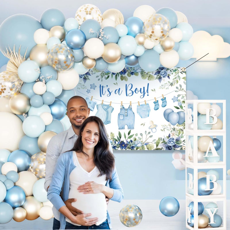 jenlion Blue Baby Boy Shower Decorations with 4pcs Balloon Boxes, 70pcs Balloon Garland Arch Kit, "It's a Boy" Backdrop, Tablecloth, Cake Toppers - Watercolor Clothesline Theme Party Supplies - Image 3